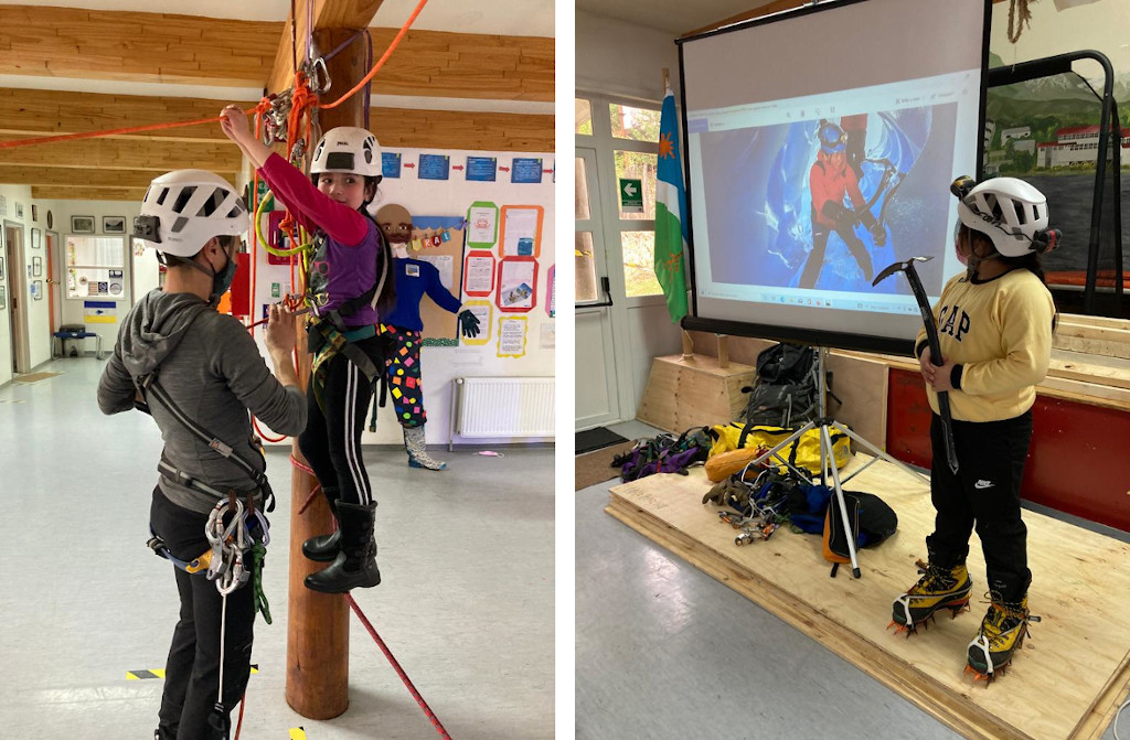 los alumnos de Puerto Edén descubren las técnicas de progresión por cuerda durante la visita de miembros de la Asociación Espeleológica de Patagonia en septiembre de 2021