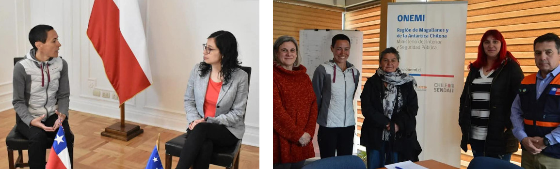 A Punta Arenas, Natalia en réunion avec Luz Bermúdez, déléguée du gouverneur régional et avec Carlos Andrades, directeur régional de l’ONEMI. Photo des équipes de presse.